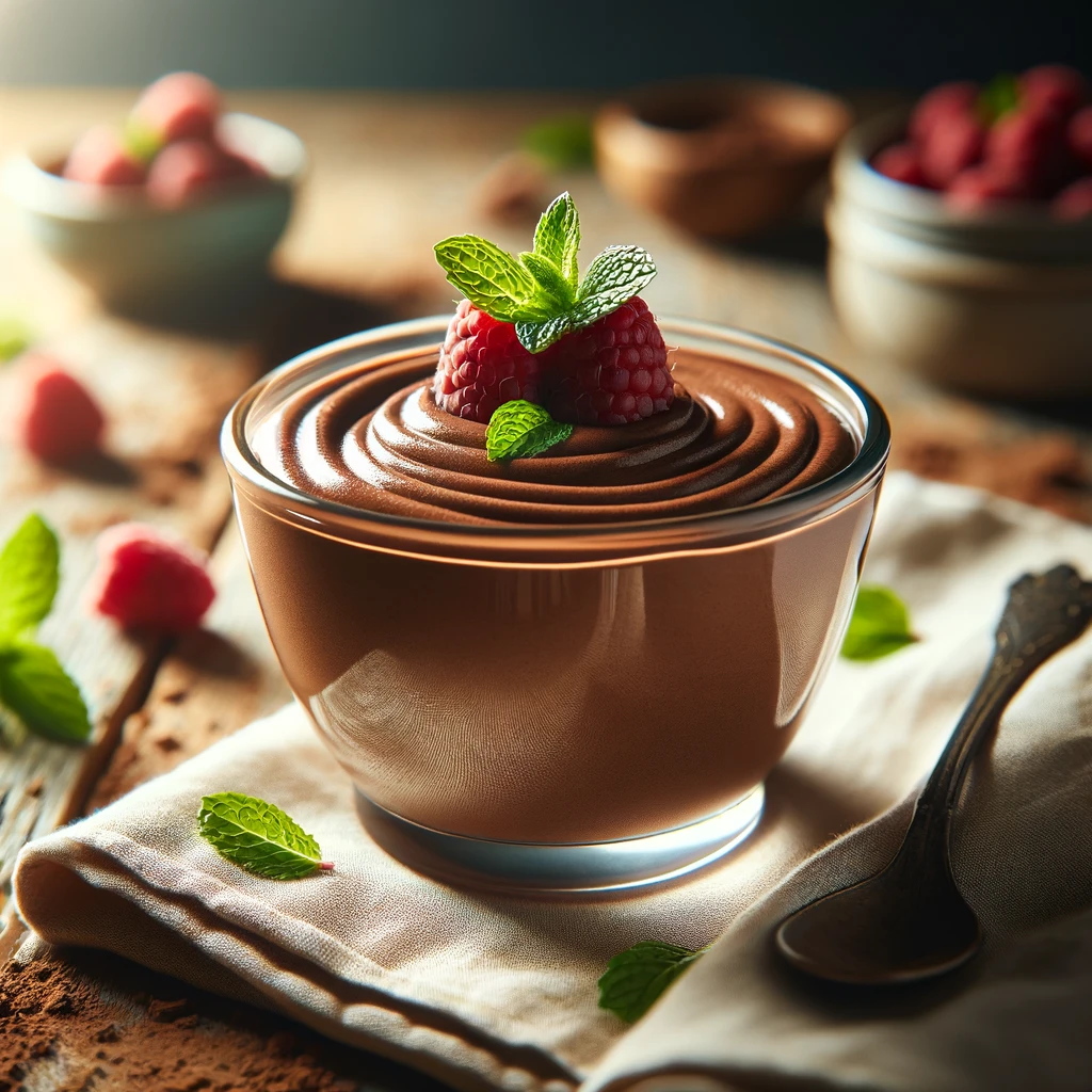 A bowl of chocolate mousse with a strawberry on top